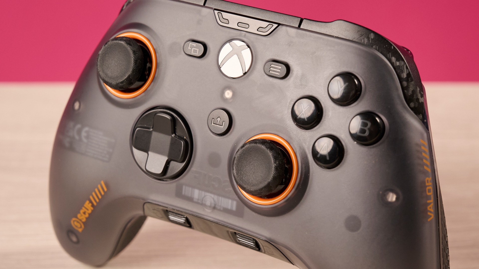 A closeup of the front of the Scuf Valor Wired with TMR, showing its offset thumbsticks, D-pad, face buttons, Xbox, Menu, View and Share buttons.