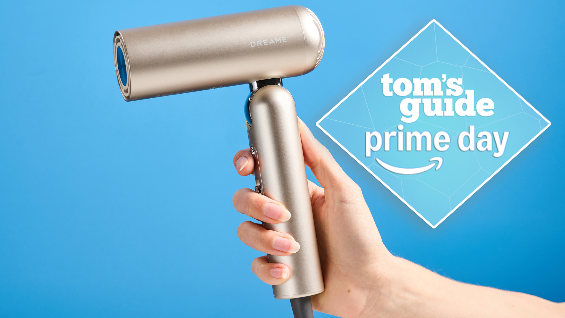 Woman&#039;s hand holding the Dreame Pocket Neo photographed in front of a blue background with a prime day badge
