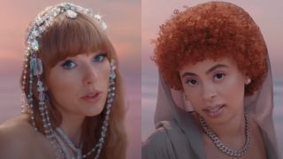 From left to right: Taylor Swift with diamonds on her head and Ice Spice leaning to the left. Screenshots from the "Karma" music video.