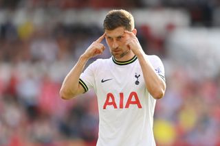 Ben Davies of Tottenham in action during the Premier League match between Nottingham Forest and Tottenham Hotspur at City Ground on August 28, 2022 in Nottingham, England.