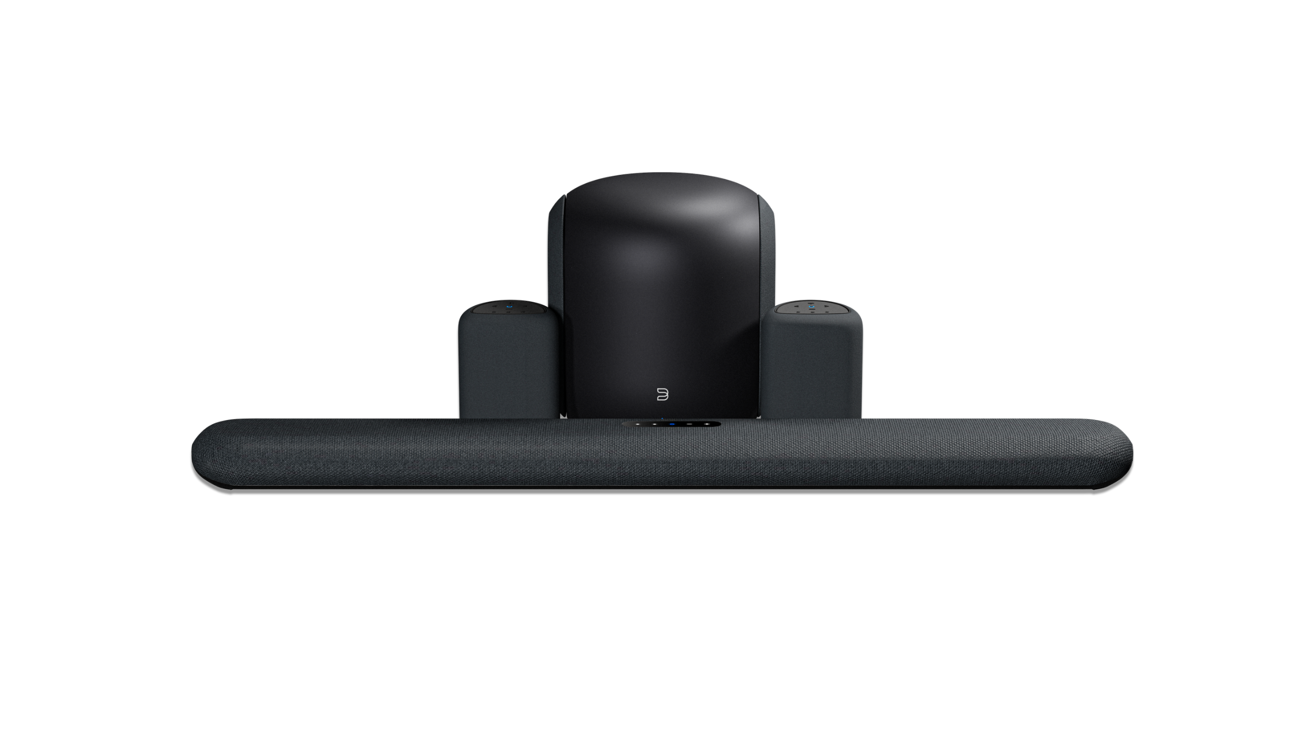 Promotional images showing Bluesound's Pulse home cinema system on a white background
