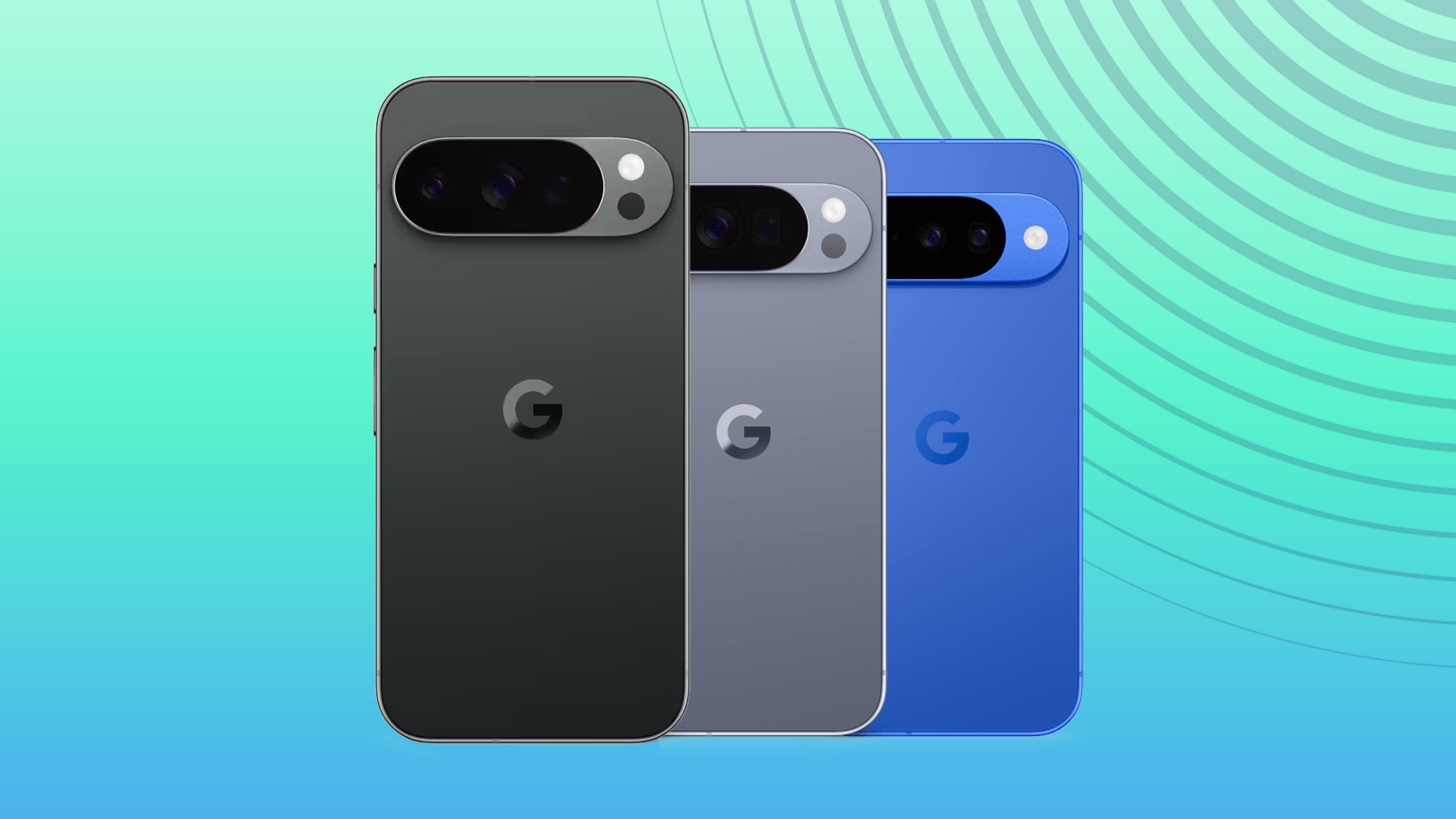 The Google Pixel 10, 10 Pro and 10 Pro XL in blue, silver and black