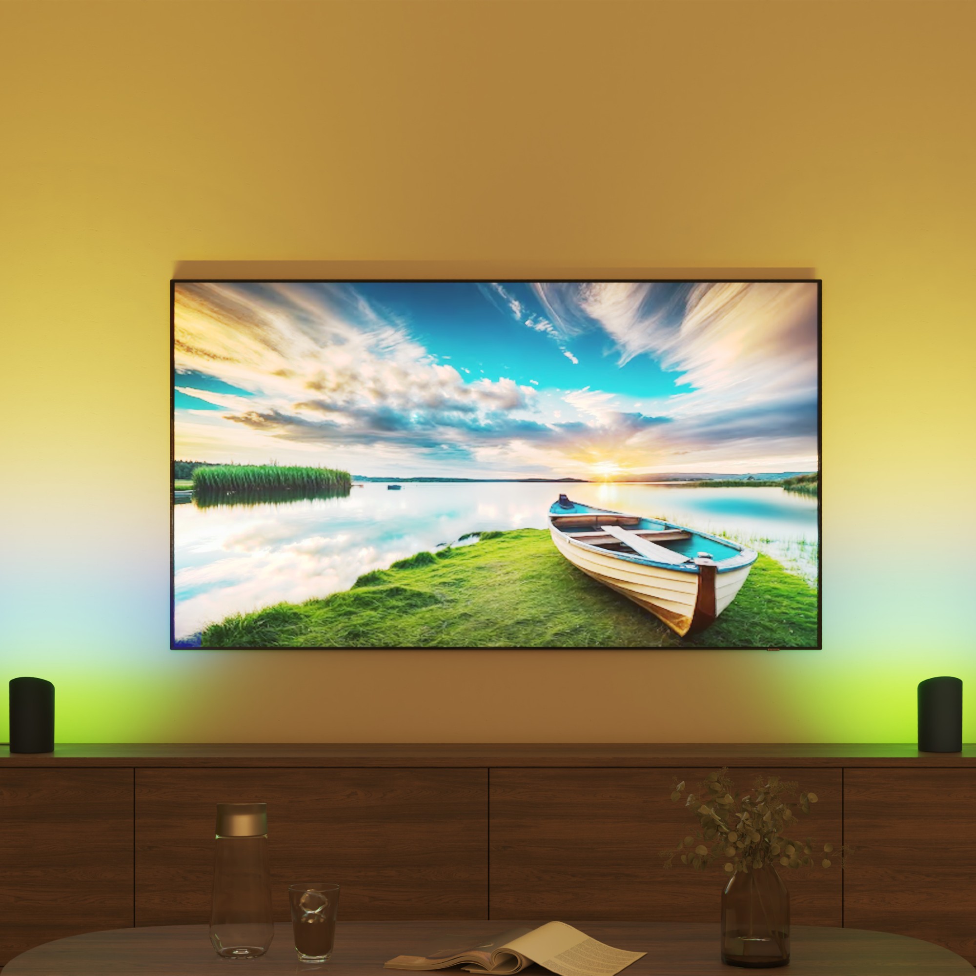 Play wall washer lighting from Philips Hue set up on a TV unit next to a Philips wall-mounted TV