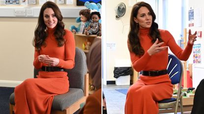 Composite of two pictures of Kate Middleton sitting down, wearing a pumpkin-toned knitted two-piece, during a visit to Foxcubs Nursery in 2023