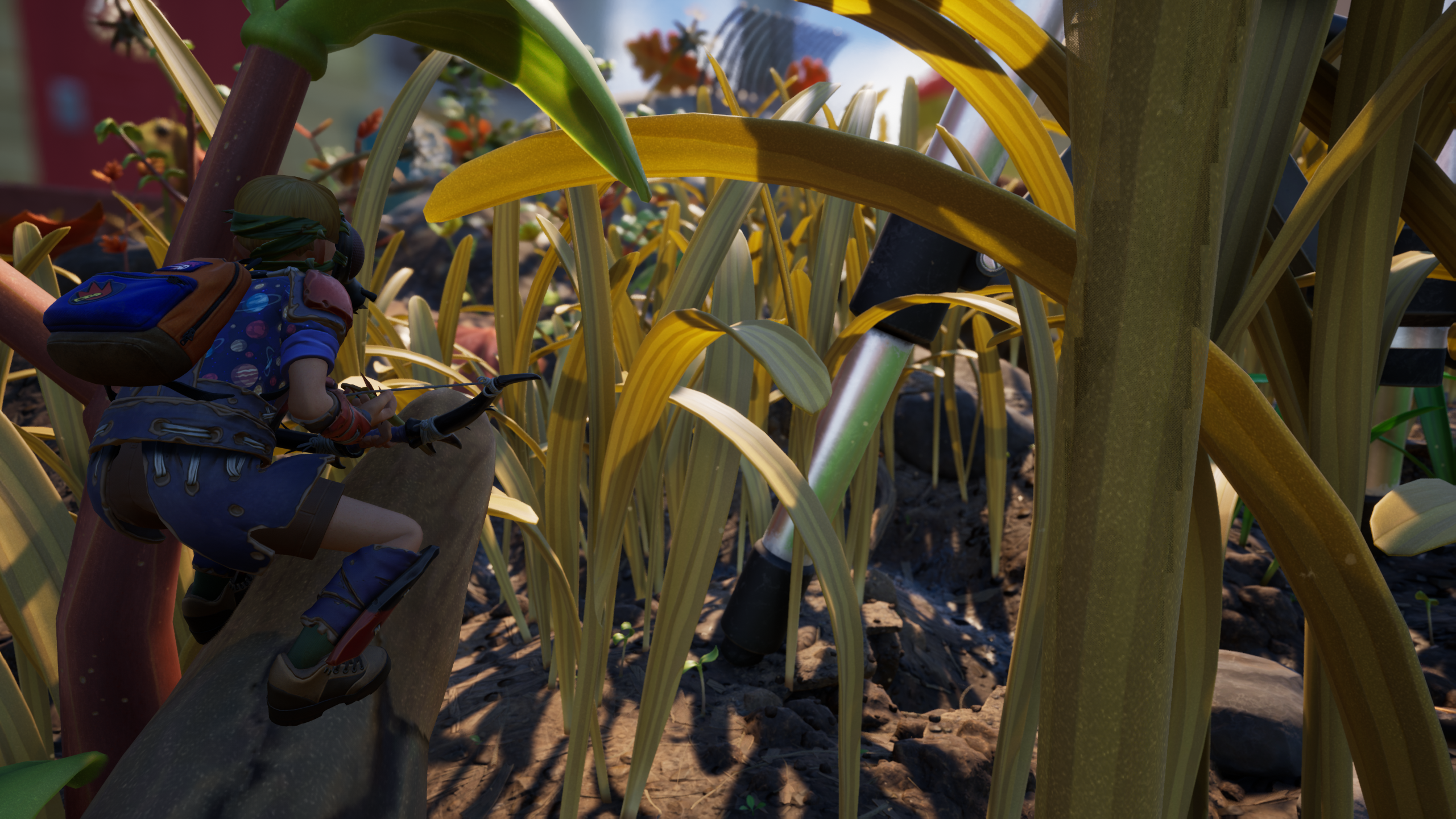 Crouching on top of a blade of grass in Grounded