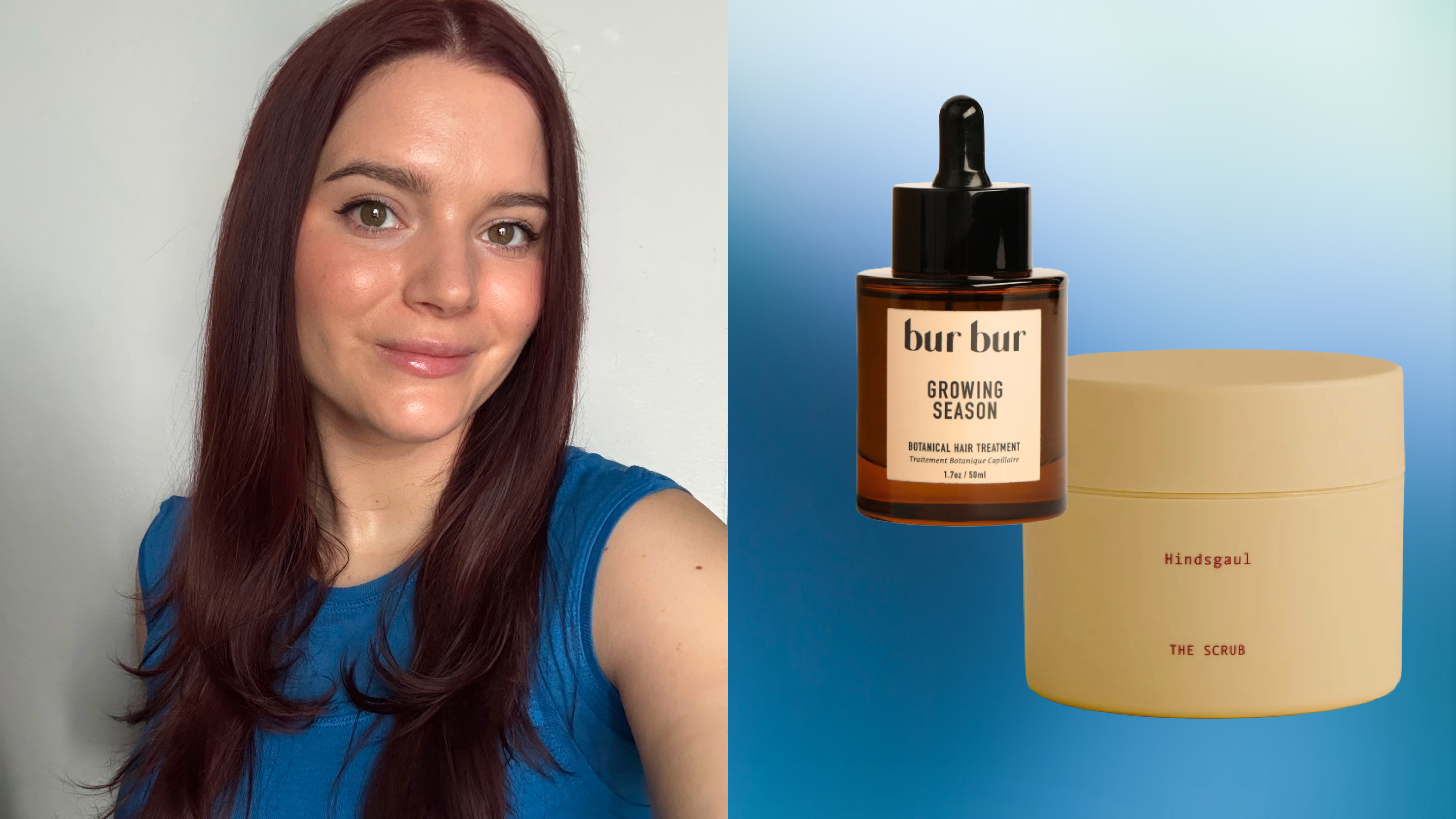 collage of brooke knappenberger on gradient blue background with Bur Bur Growing Season hair oil and Hindsgual The Scalp Scrub Shampoo