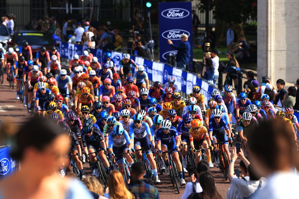 LONDON ENGLAND MAY 28 A general view of the peloton competing during the 6th RideLondon Classique 2023 Stage 3 a 912km stage from London to London UCIWWT on May 28 2023 in London England Photo by Stephen PondGetty Images
