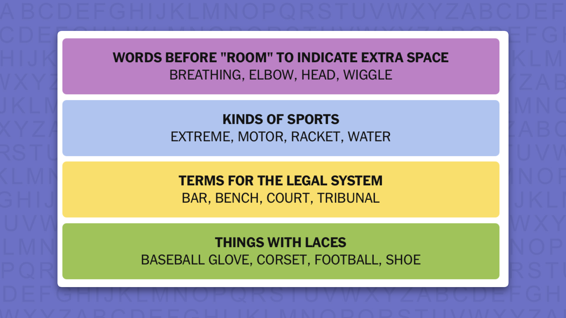 NYT Connections answers for game 1130 on a purple background