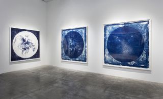 Halloran also framed the paintings in circular frames, which may remind viewers of looking through a telescope, or into a framed mirror. Along with the title of the exhibit, this feature of the works is meant to draw attention back to the viewer.