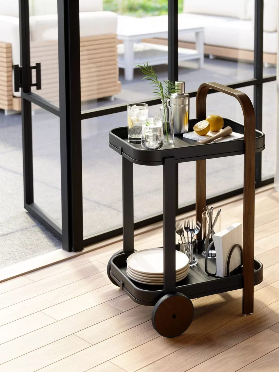 A wood and steel bar cart from Umbra
