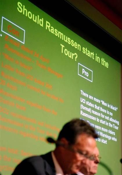 The presentation displayed a long list of 'cons' to Michael Rasmussen's participation in the Tour de France.