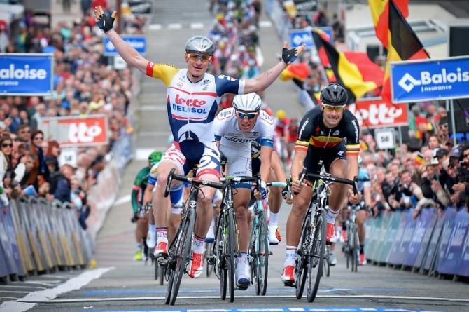 Andre Greipel (Lotto Belisol) won the opening stage of the Tour of Belgium ahead of Belgian champion Tom Boonen (Omega Pharma-QuickStep) and Ramon Sinkeldam (Argos-Shimano)