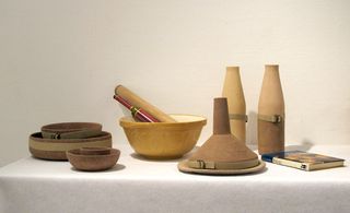 This series of bottles, vases and bowls, was made especially for ’Small Show’ and are made from flour, agricultural waste, limestone and beeswax