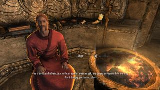 A pyromancer in Fortune's Tradehouse, one of the best Skyrim Special Edition mods