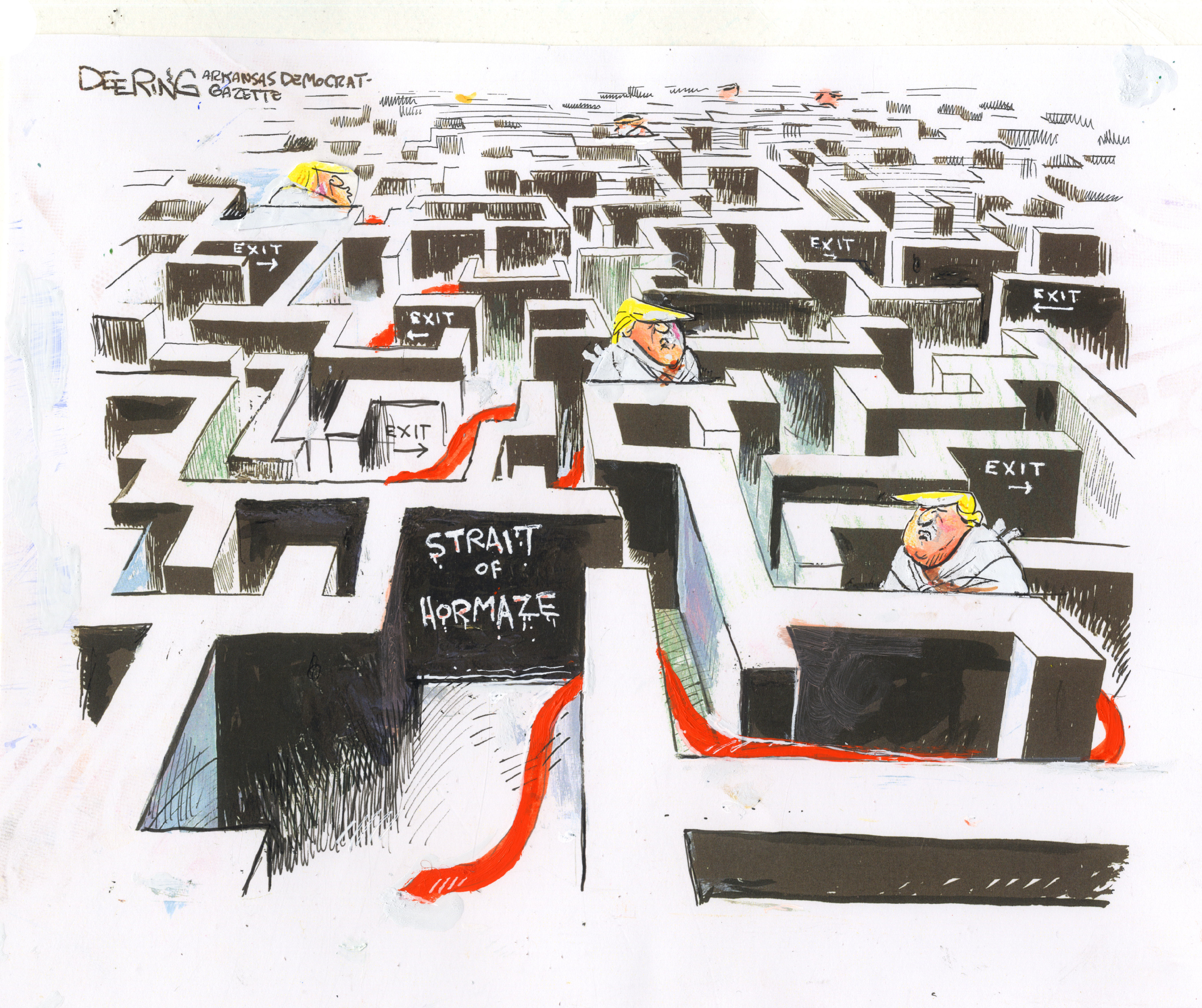 This cartoon depicts multiple versions of Donald Trump stuck in a windy, twisty, seemingly never-ending labyrinth named &amp;ldquo;Strait of Hormaze.&amp;rdquo;