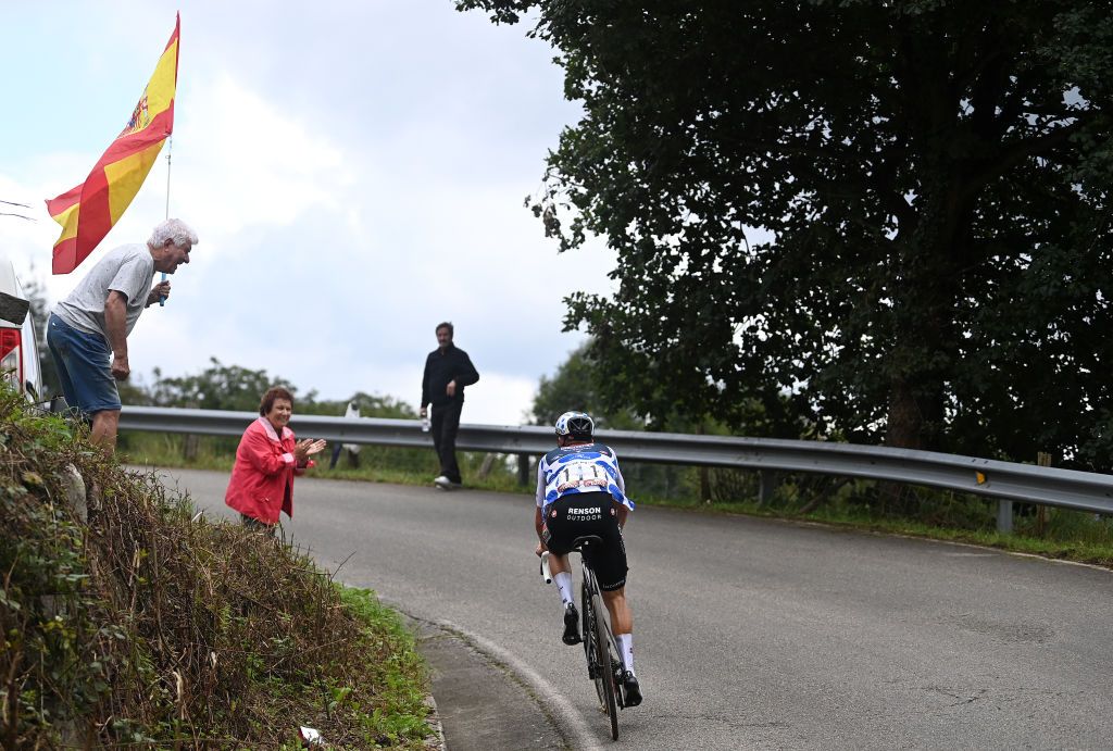 ALTU DE LANGLIRU SPAIN SEPTEMBER 13 Remco Evenepoel of Belgium and Team Soudal Quick Step Polka Dot Mountain Jersey competes in the breakaway during the 78th Tour of Spain 2023 Stage 17 a 1244km stage from Ribadesella Ribeseya to Altu de LAngliru 1555m UCIWT on September 13 2023 in Altu de LAngliru Spain Photo by Tim de WaeleGetty Images