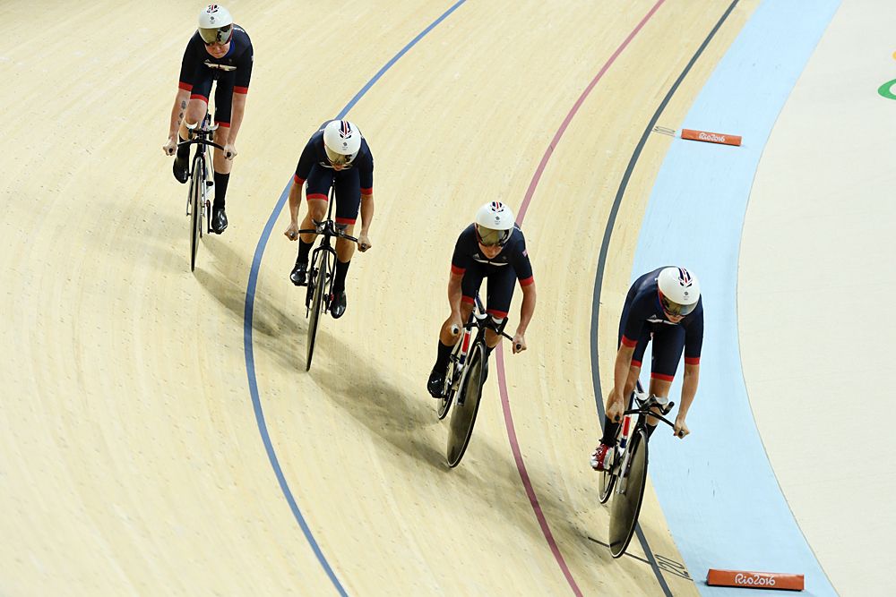 Katie Archibald, Laura Trott, Elinor Barker and Joanna Rowsell-Shand of Great Britain compete in the Women's Team Pursuit Track Cycling Qualifying