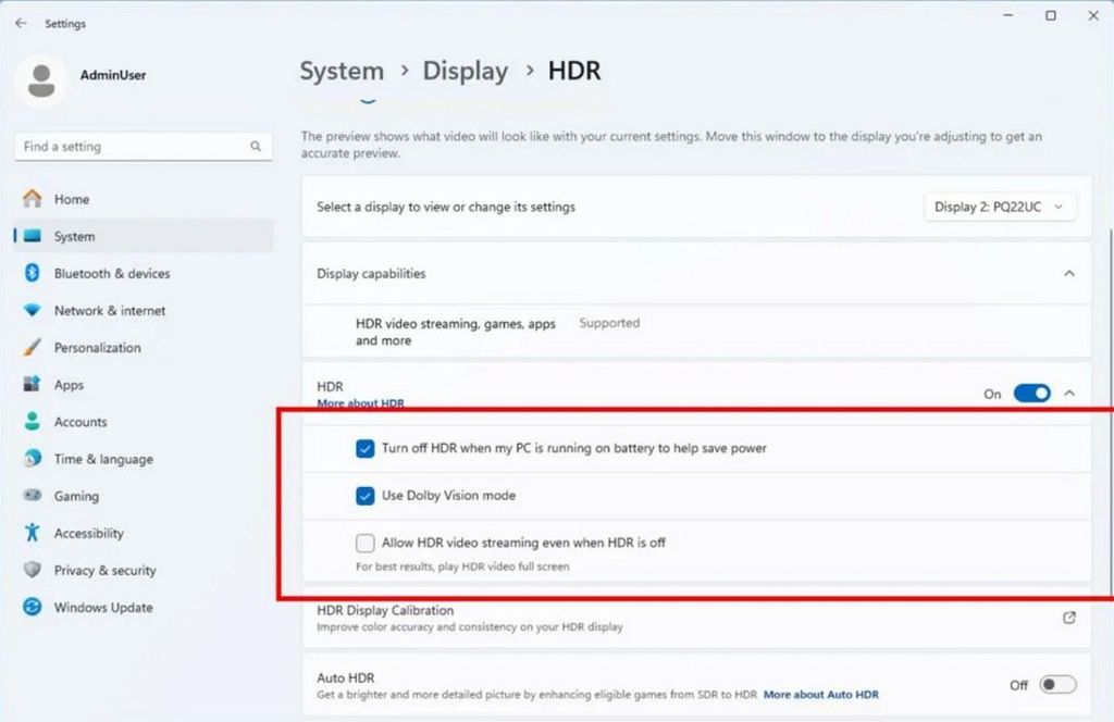 Windows 11 Settings new HDR settings in 2025