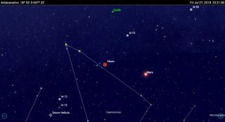 Using Astronomy apps to preview lunar eclipses allow you to discover additional interesting aspects of the events. The total lunar eclipse of July 27, 2018 coincides with the opposition of Mars. The blood moon and the very bright Red Planet will make a wonderful sight and photo opportunity for observers where the eclipse is visible. When fully immersed in the Earth's shadow, the darkened full moon will also allow fainter deep sky objects to appear, such as the nearby Messier objects shown here. For skywatchers in Madagascar, the maximum eclipsed moon will be high in the sky, close to the Zenith (green cross).