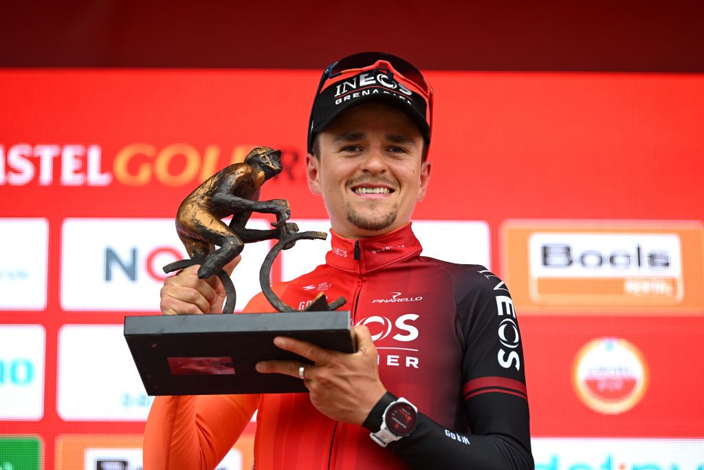 Tom Pidcock on the podium after winning the 2024 edition of the Amstel Gold Race