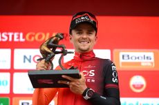 Tom Pidcock on the podium after winning the 2024 edition of the Amstel Gold Race