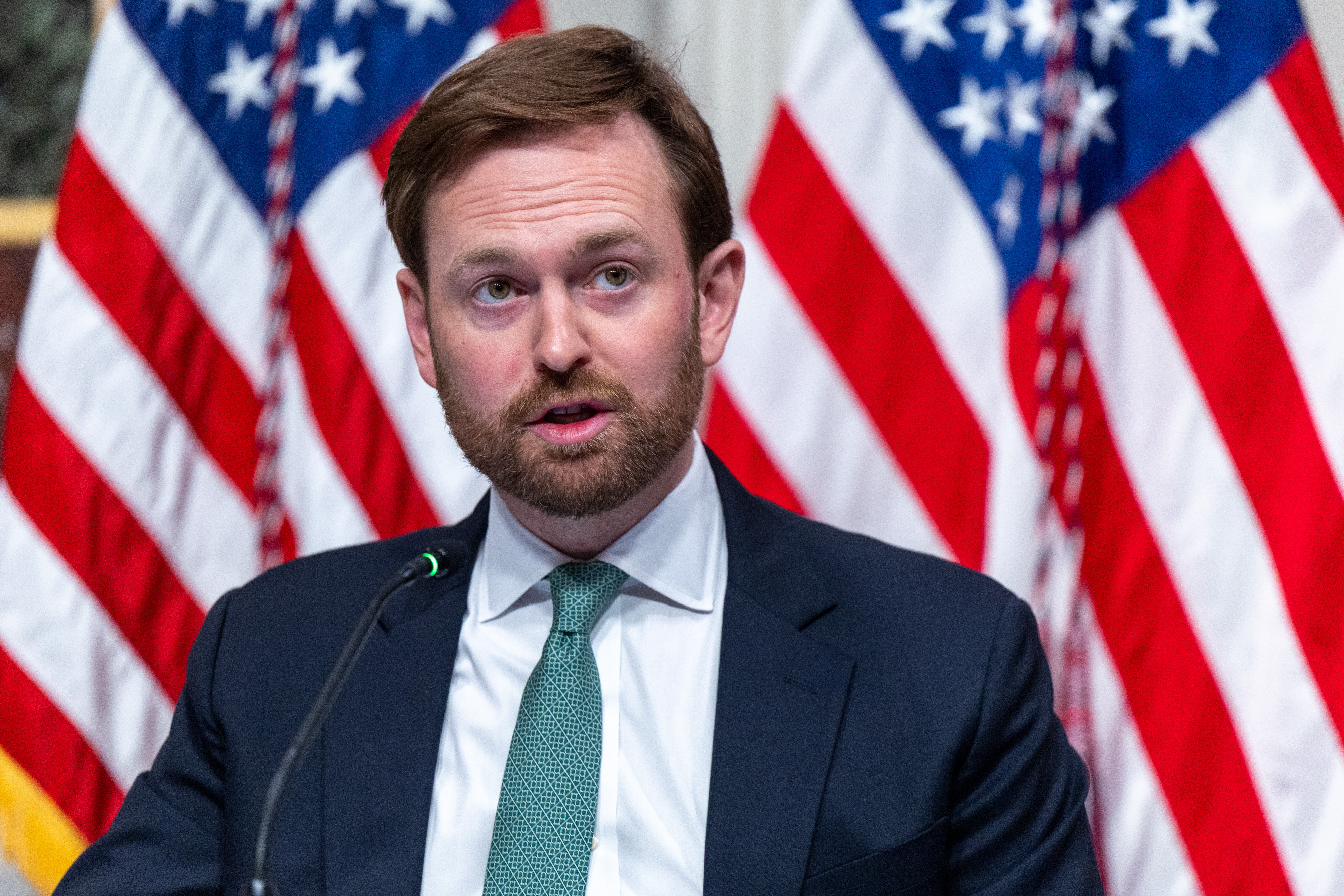 Andrew Ferguson, chair of the Federal Trade Commission (FTC), during the first meeting of the Task Force To Eliminate Fraud in the Eisenhower Executive Office Building of the White House in Washington, DC, US, on Friday, March 27, 2026. The task force, led by Vice President JD Vance, is seeking to target federal benefits fraud, intensifying the administration's oversight of federal funds in Democratic-led states. Photographer: Shawn Thew/EPA/Bloomberg via Getty Images