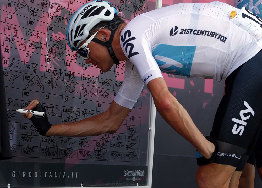 Chris Froome signs in to stage 2 at the Giro d'Italia