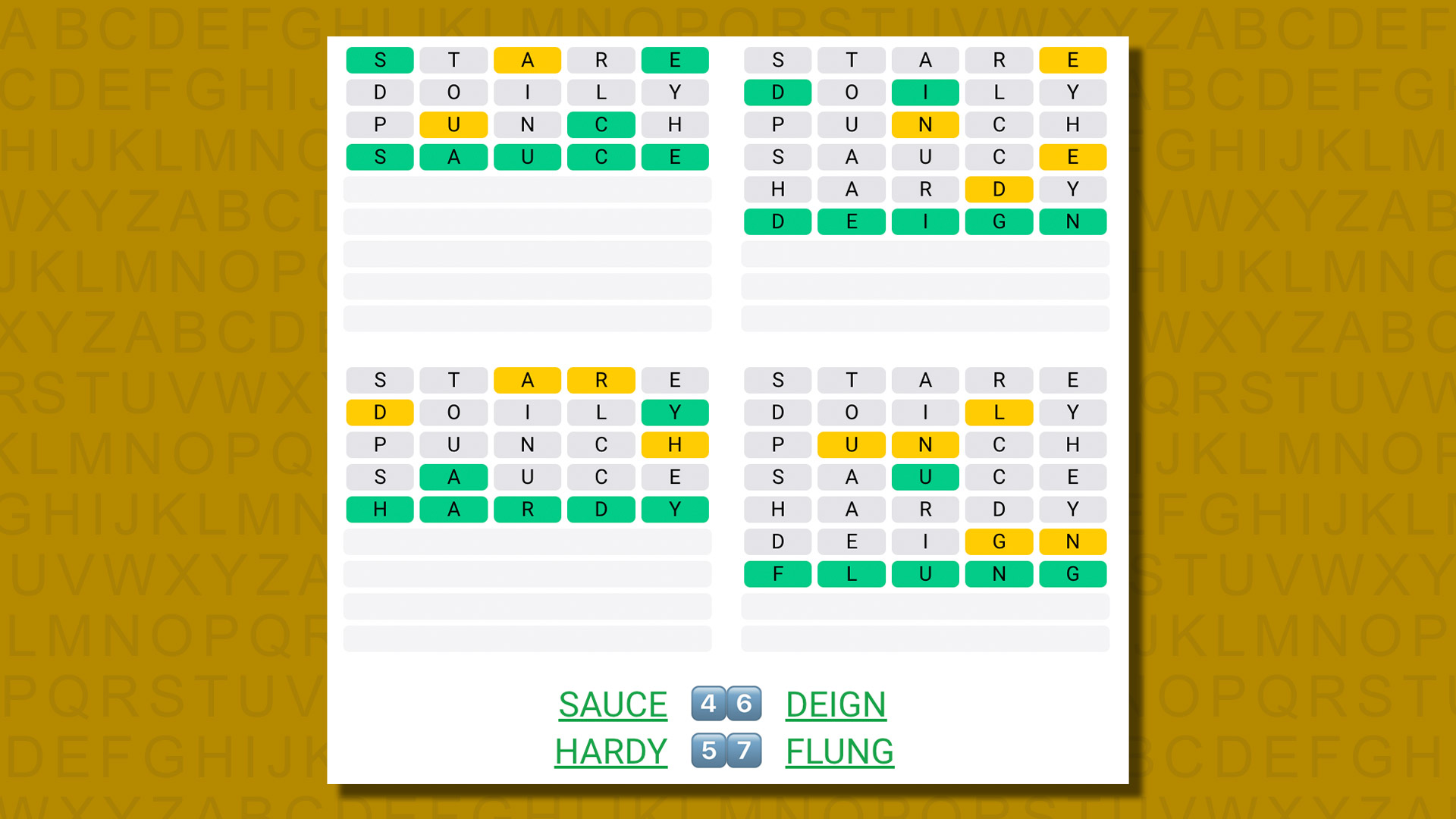 Quordle answers for game 566 on a yellow background