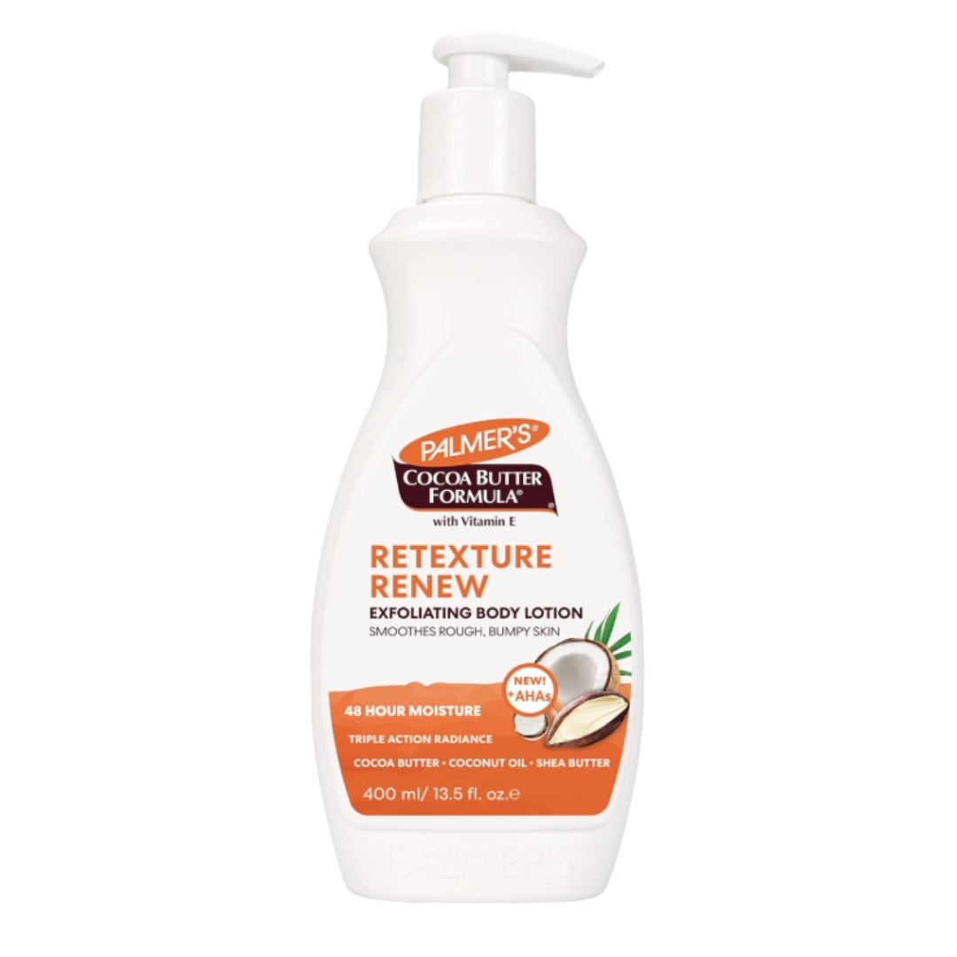 A product shot of the Palmer&amp;rsquo;s Cocoa Butter Retexture &amp;amp; Renew Exfoliating Body Lotion, on a white background