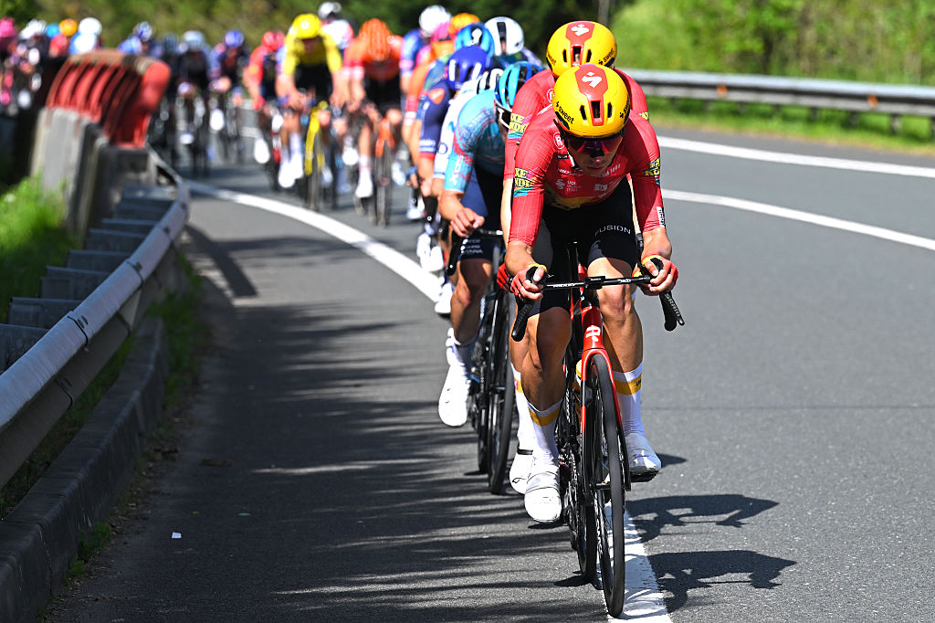 GALDAKAO, SPAIN - APRIL 09: Andreas Kron of Denmark and Team Uno-X Mobility leads in the chase group during the 65th Itzulia Basque Country 2026, Stage 4 a 167.2km stage from Galdakao to Galdakao on / #UCIWT / April 09, 2026 in Galdakao, Spain. (Photo by Tim de Waele/Getty Images)