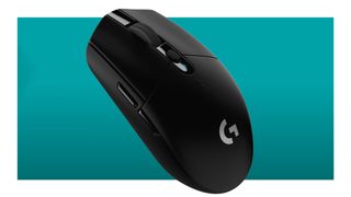 The Logitech G305 Lightspeed gaming mouse floats in a teal, deal header image void. This is the black colourway with silver-y grey accents. A stylised 'G' is painted on to the lower portion of the palm rest.