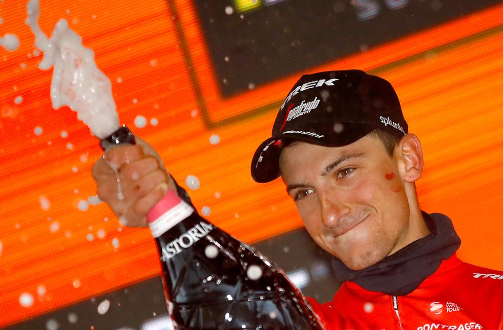 Giulio Ciccone on the Giro podium after winning stage 16