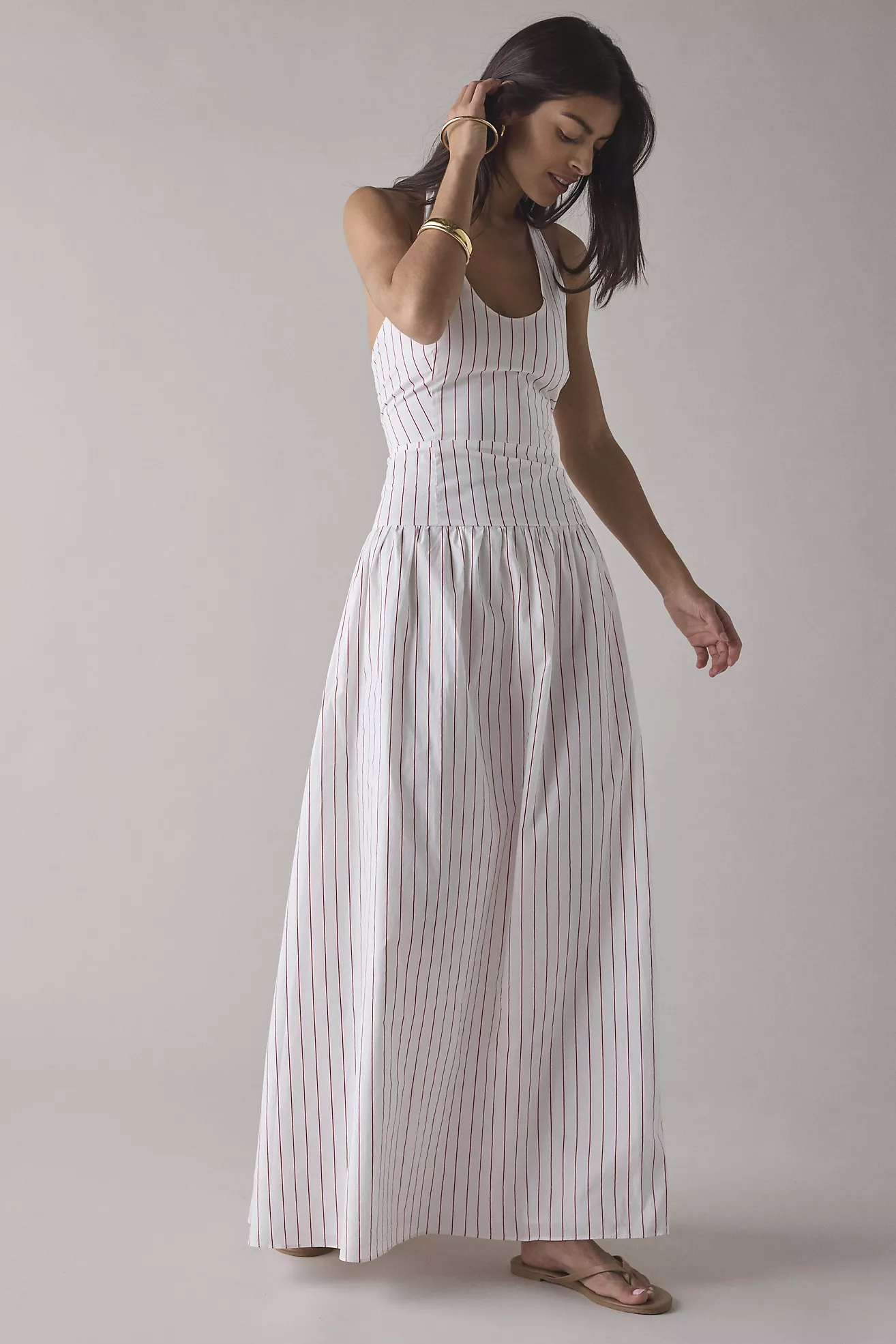 Glamorous Striped Cotton Drop Waist Halter Maxi Dress