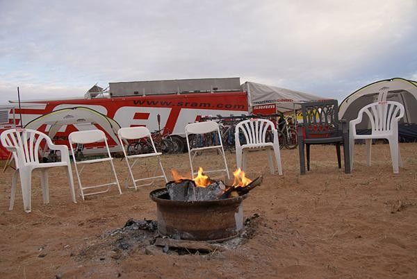 A toasty fire roars through the nighttime hours.