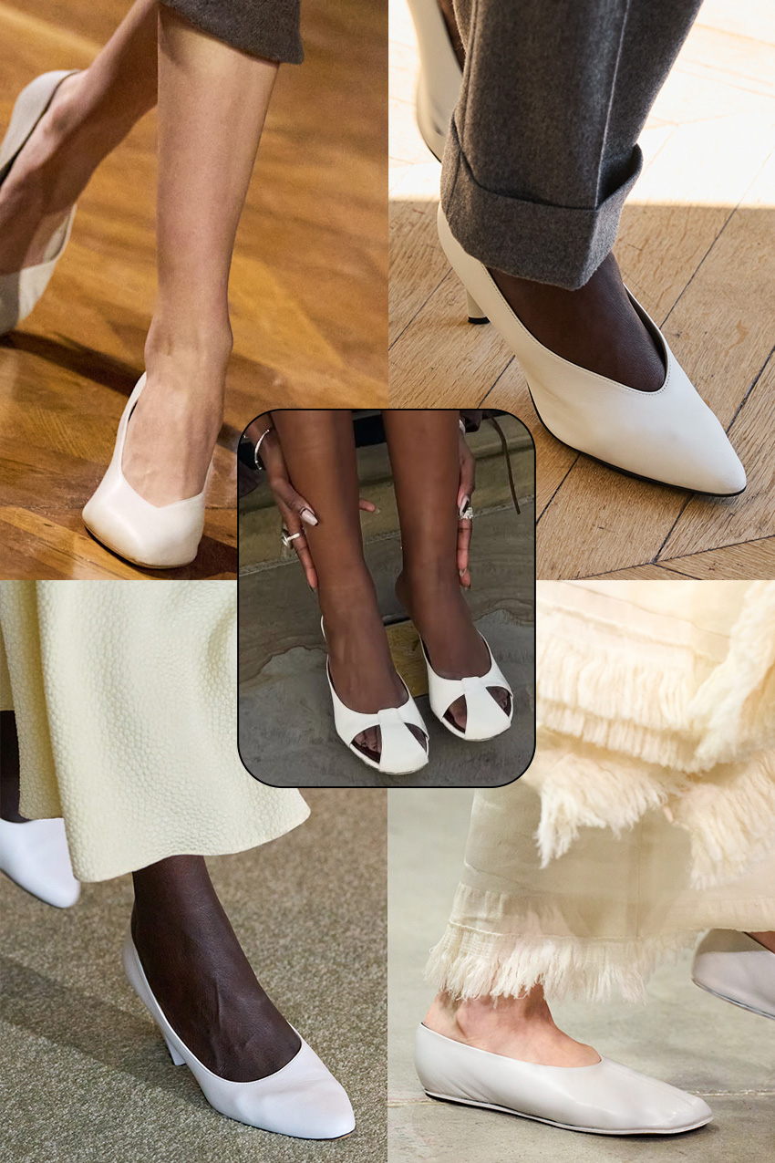 Shoe color trends fall 2026 shown in a collage of runway images depicting footwear in extra foam or white color