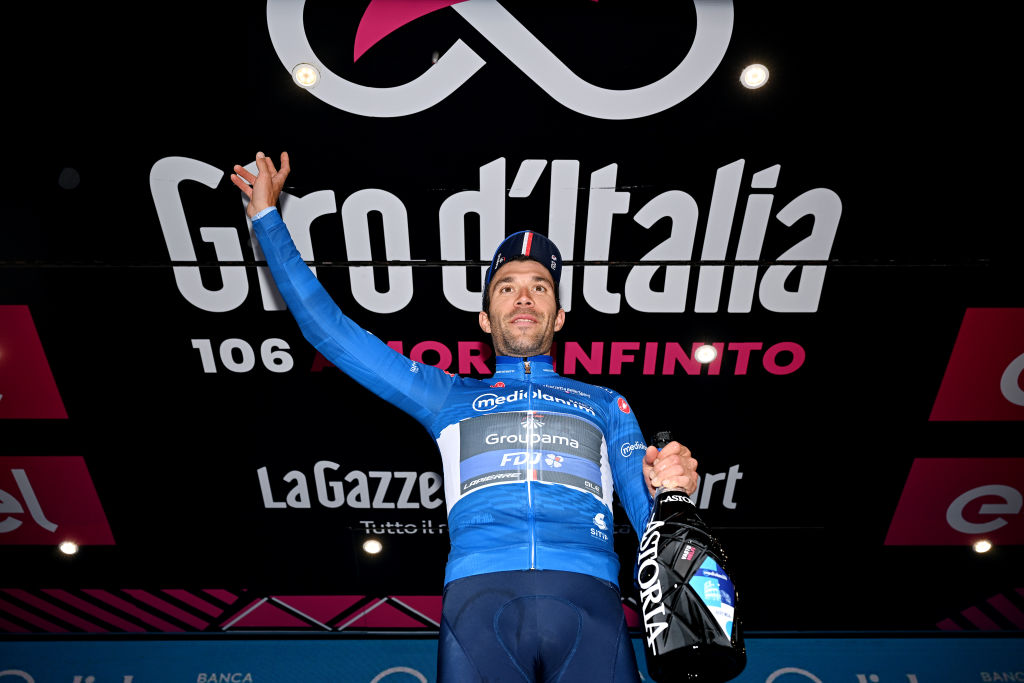 MELFI ITALY MAY 08 Thibaut Pinot of France and Team Groupama FDJ celebrates at podium as Blue Mountain Jersey winner during the 106th Giro dItalia 2023 Stage 3 a 213km stage from Vasto to Melfi 532m UCIWT on May 08 2023 in Melfi Italy Photo by Stuart FranklinGetty Images