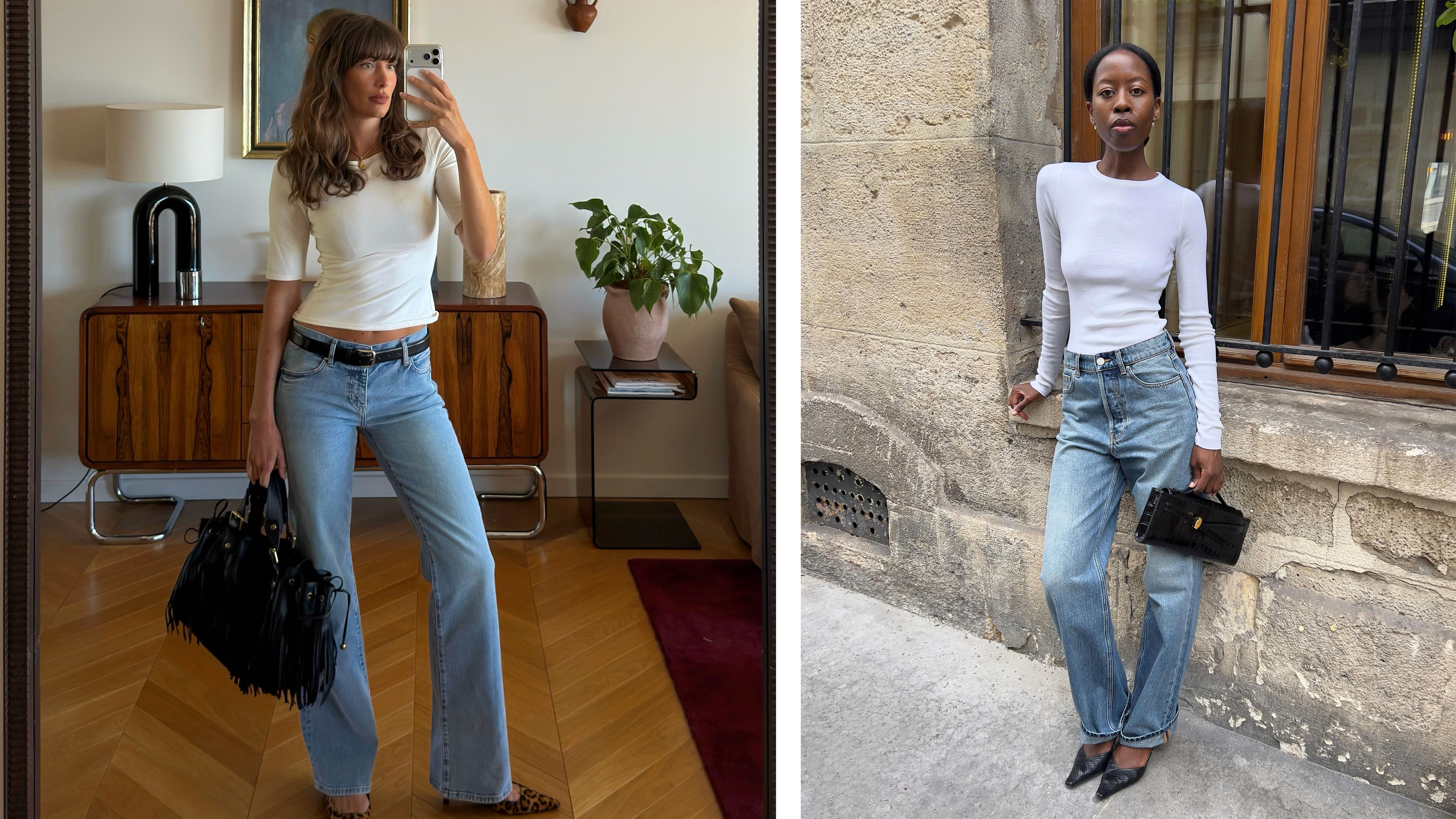 French women wearing jeans and a long tee.