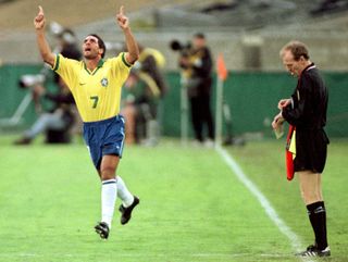 Edmundo celebrates a goal for Brazil against El Salvador in February 1998.