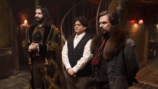 Kayvan Novak as Nandor the Relentless and Harvey Guillén as Guillermo de la Cruz and Matt Berry as Laszlo in What We Do In The Shadows