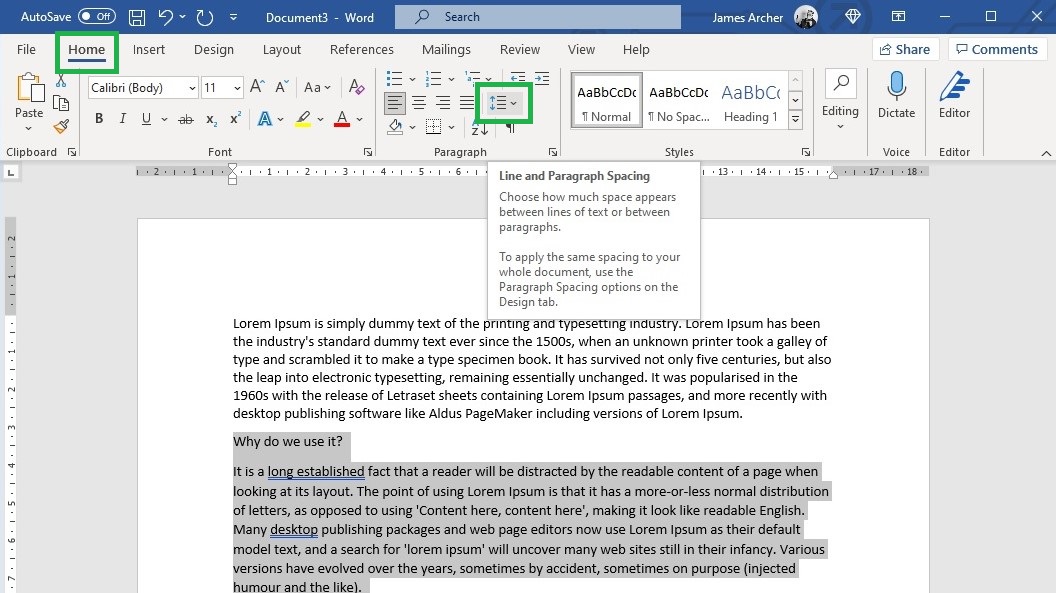 How to change line spacing in Word step 3: To change spacing for a specific paragraph, highlight it, click "Home" then click the "Line and Paragraph Spacing" icon