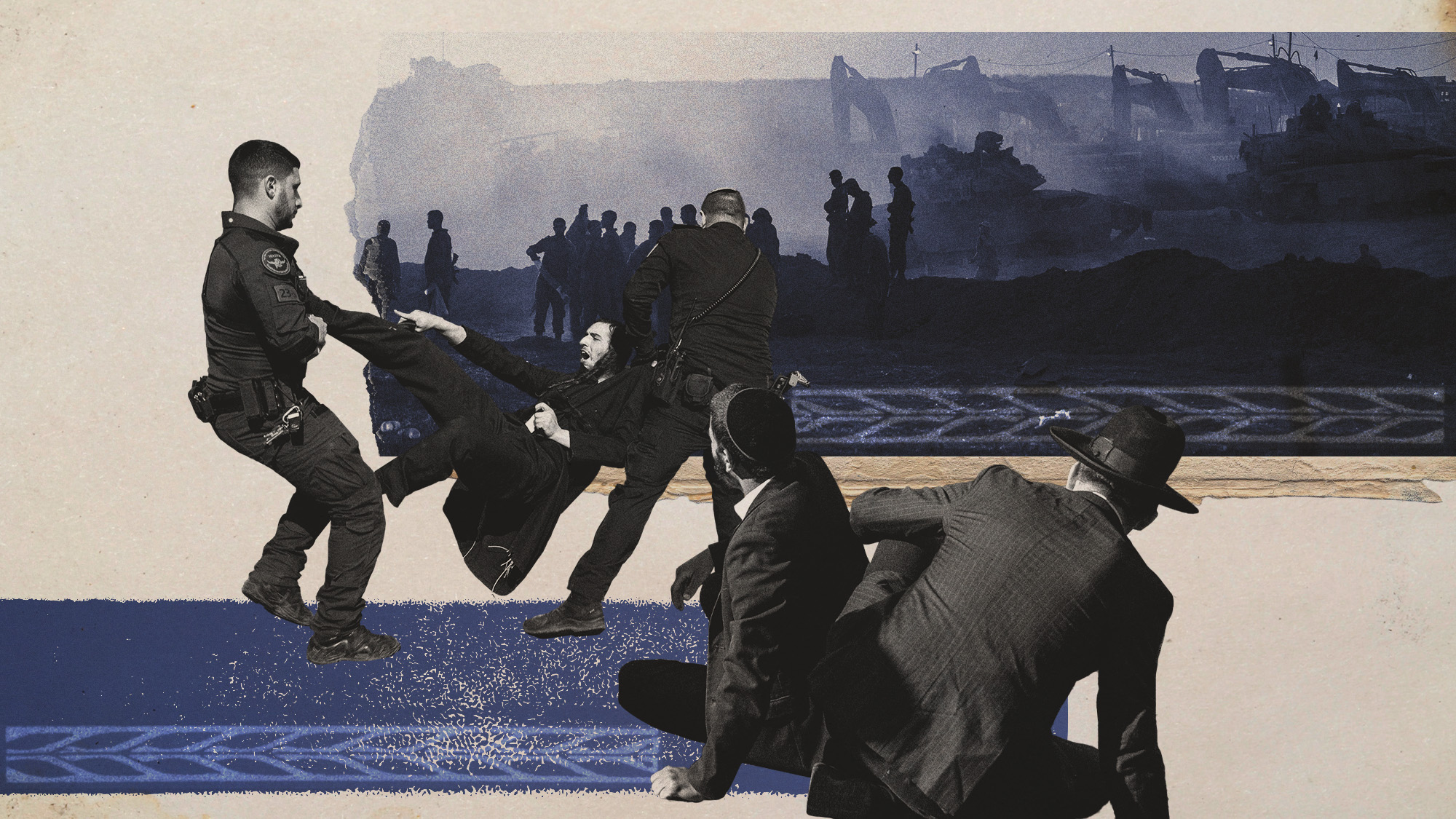 Photo collage of Israel Defense Forces soldiers standing in front of a row of tanks and bulldozers. In the foreground, Haredi Jews clash with authorities following conscription protests.
