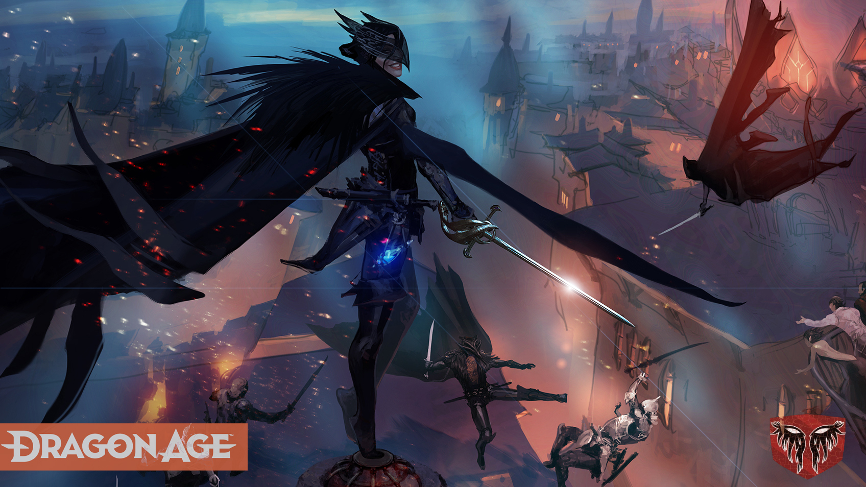 Concept art of Dragon Age 4, showing an antivan crow brandishing a rapier on a rooftop