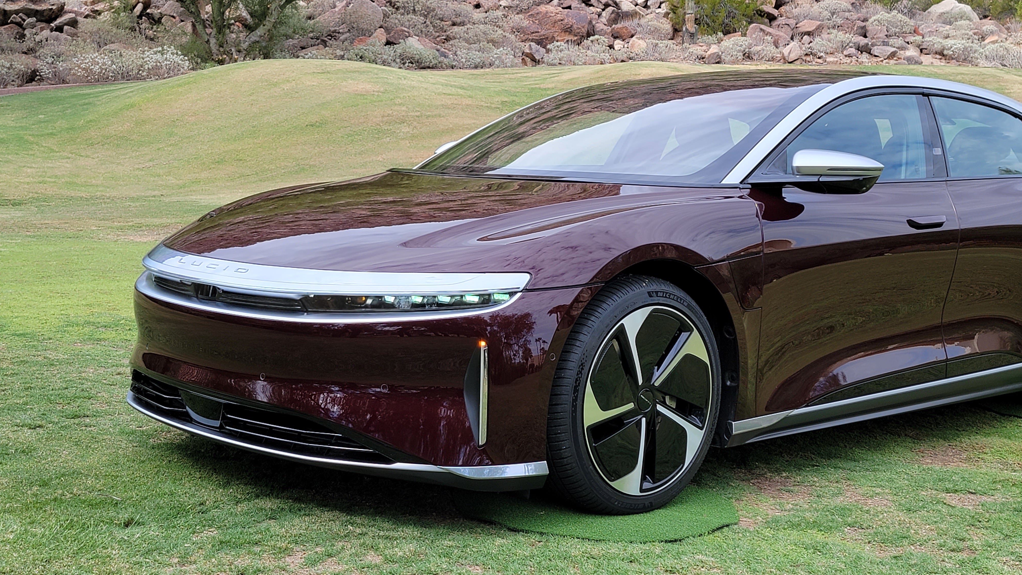 Angled view of front portion of Lucid Air