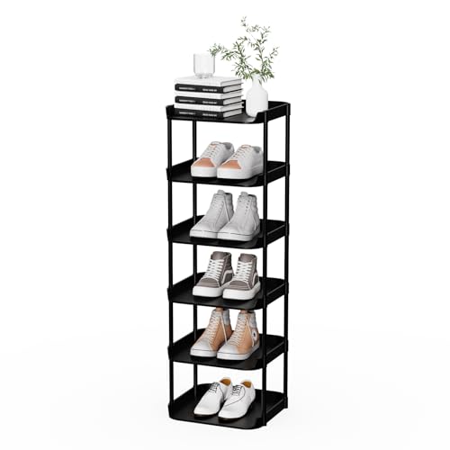 Altdnmaf 6 Tier Narrow Shoe Storage Rack, Compact Single Shoerack Stand for Slim Space, Stackable Tall Thin Show Tower, Vertical Plastic Shelves, for Hallways, Kitchens, Bedrooms Tidy Organizer, Black