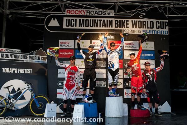 Elite men's downhill World Cup podium in Val d'Isere: Greg Minnaar, Gee Atherton, Brook MacDonald, Josh Bryceland, Aaron Gwin