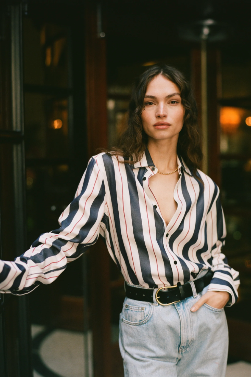 With Nothing Underneath navy and red striped shirt