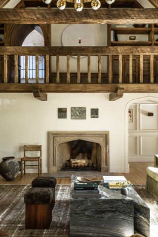 Brick fireplace, wooden balcony