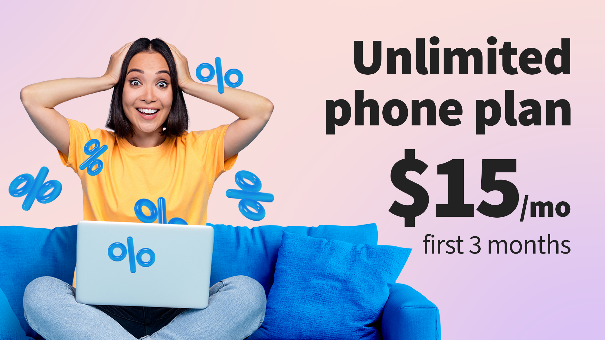 Woman holding head on blue sofa with laptop