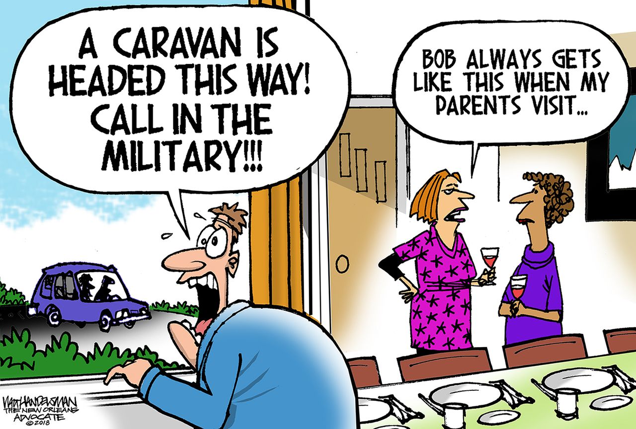 Political cartoon U.S. migrant caravan military Thanksgiving family in-laws