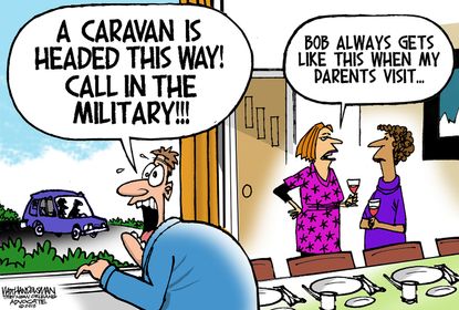 Political cartoon U.S. migrant caravan military Thanksgiving family in-laws